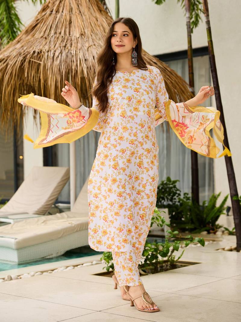Women Beautiful Printed Silk Blend Fabric with Straight Kurta, Pant and Dupatta Set