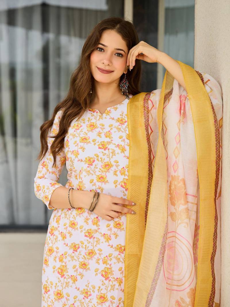 Women Beautiful Printed Silk Blend Fabric with Straight Kurta, Pant and Dupatta Set