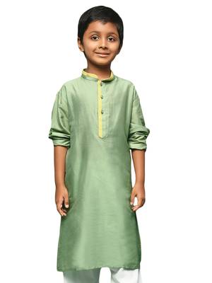 green silk blend plain kurta for kids 1