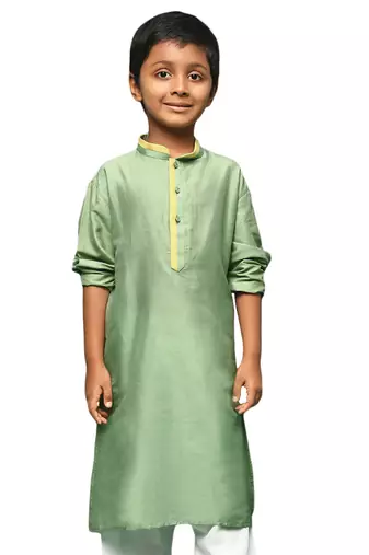 green silk blend plain kurta for kids