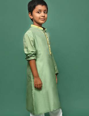 green silk blend plain kurta for kids 2