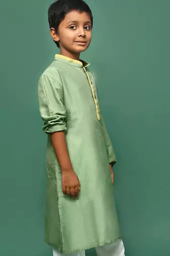 green silk blend plain kurta for kids