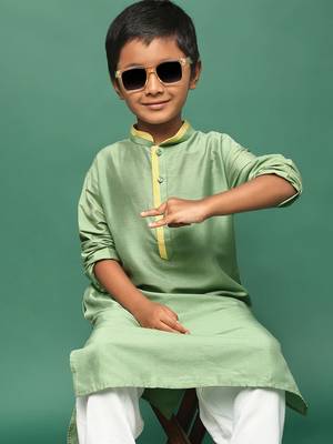 green silk blend plain kurta for kids 3