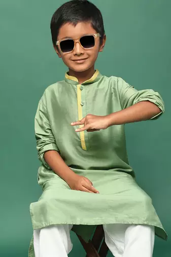 green silk blend plain kurta for kids