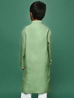 green silk blend plain kurta for kids 4