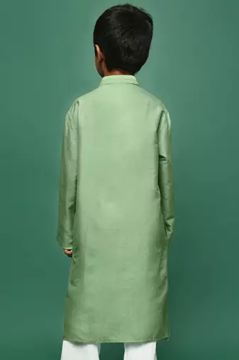 green silk blend plain kurta for kids