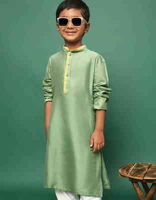 green silk blend plain kurta for kids 5