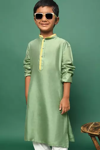 green silk blend plain kurta for kids