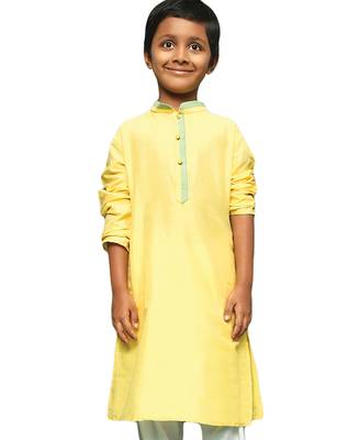 yellow silk blend plain kurta for kids 1