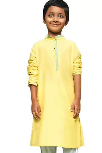 yellow silk blend plain kurta for kids