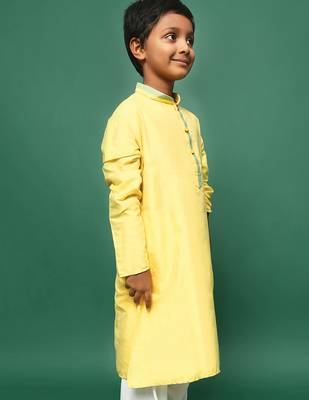 yellow silk blend plain kurta for kids 2