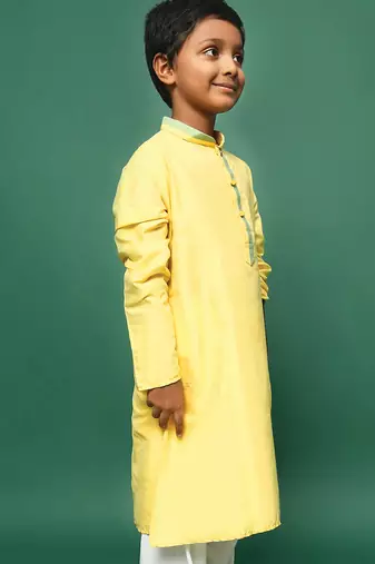 yellow silk blend plain kurta for kids