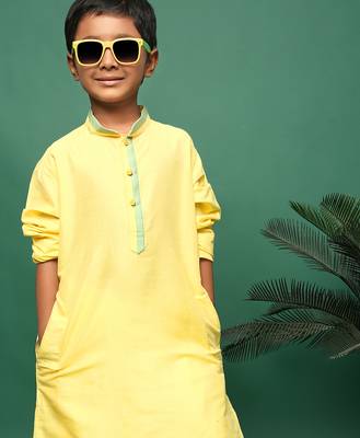 yellow silk blend plain kurta for kids 3