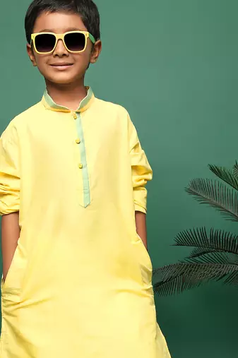 yellow silk blend plain kurta for kids