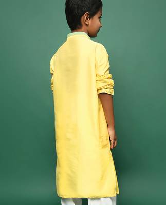 yellow silk blend plain kurta for kids 4
