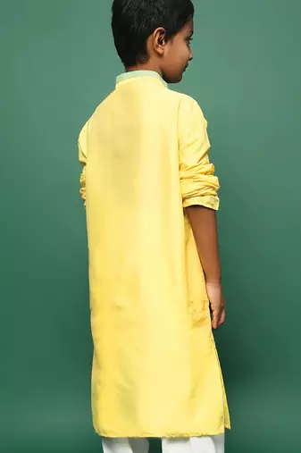 yellow silk blend plain kurta for kids