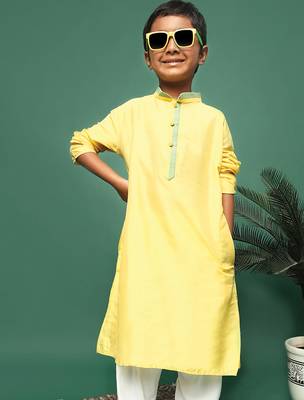 yellow silk blend plain kurta for kids 5