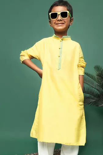 yellow silk blend plain kurta for kids