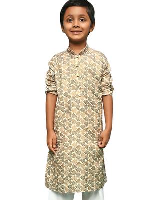 brown cotton printed kurta for kids 1