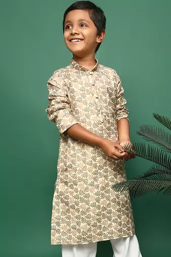 brown cotton printed kurta for kids