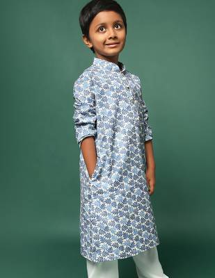 blue cotton printed kurta for kids 2