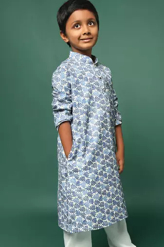 blue cotton printed kurta for kids