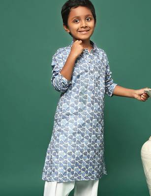 blue cotton printed kurta for kids 5