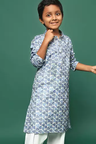 blue cotton printed kurta for kids