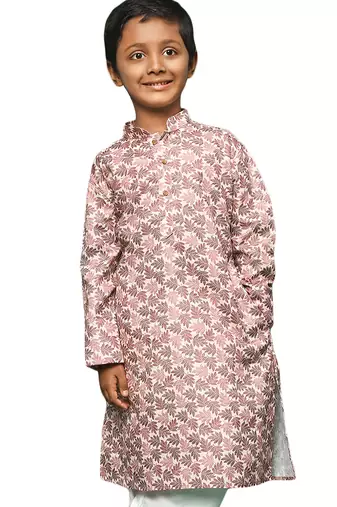 brown cotton printed kurta for kids