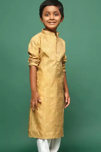 glod silk printed kurta for kids