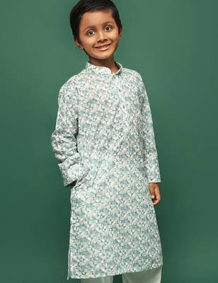 blue cotton printed kurta for kids 2