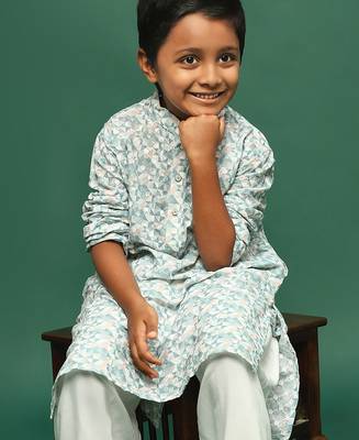 blue cotton printed kurta for kids 5