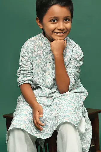 blue cotton printed kurta for kids