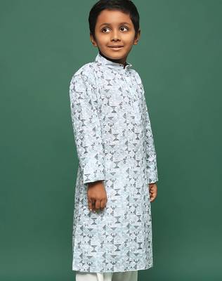 blue cotton printed kurta for kids 2