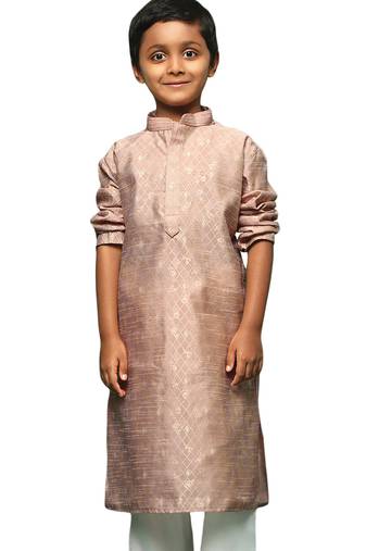 beige silk printed kurta for kids