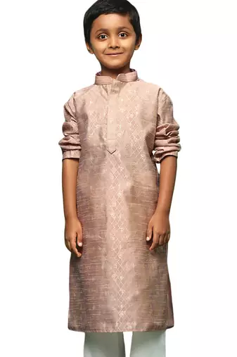 beige silk printed kurta for kids