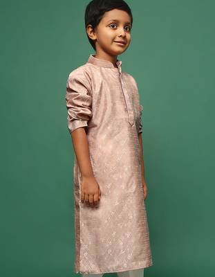 beige silk printed kurta for kids 2