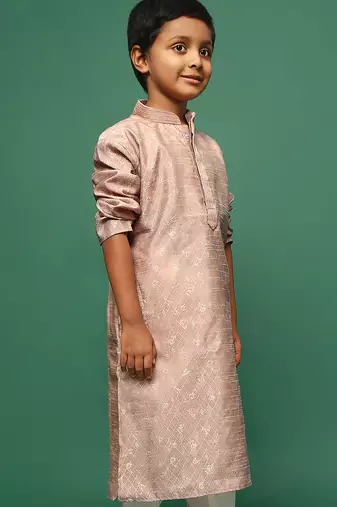 beige silk printed kurta for kids