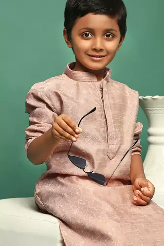 beige silk printed kurta for kids
