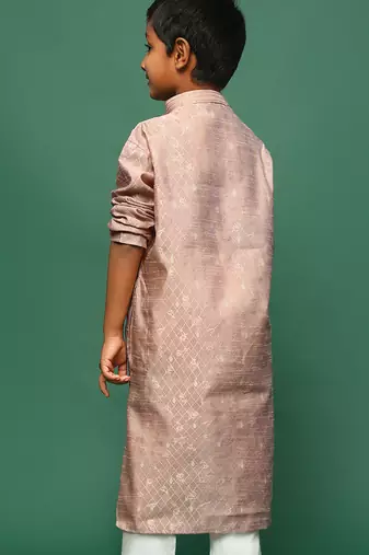 beige silk printed kurta for kids