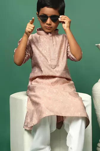 beige silk printed kurta for kids