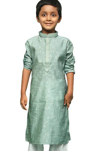 green silk printed kurta for kids