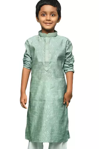 green silk printed kurta for kids