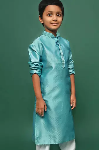 green silk printed kurta for kids