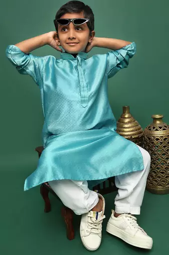 green silk printed kurta for kids