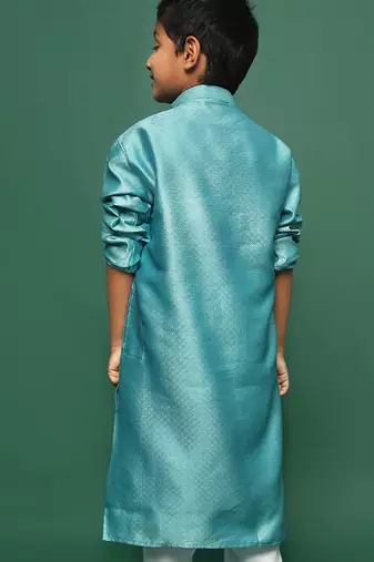 green silk printed kurta for kids