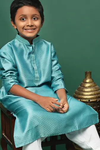 green silk printed kurta for kids