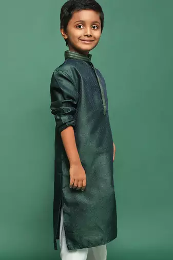 green silk printed kurta for kids