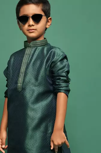 green silk printed kurta for kids