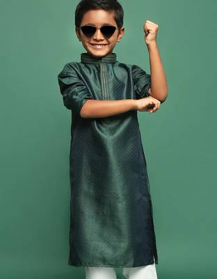 green silk printed kurta for kids 5